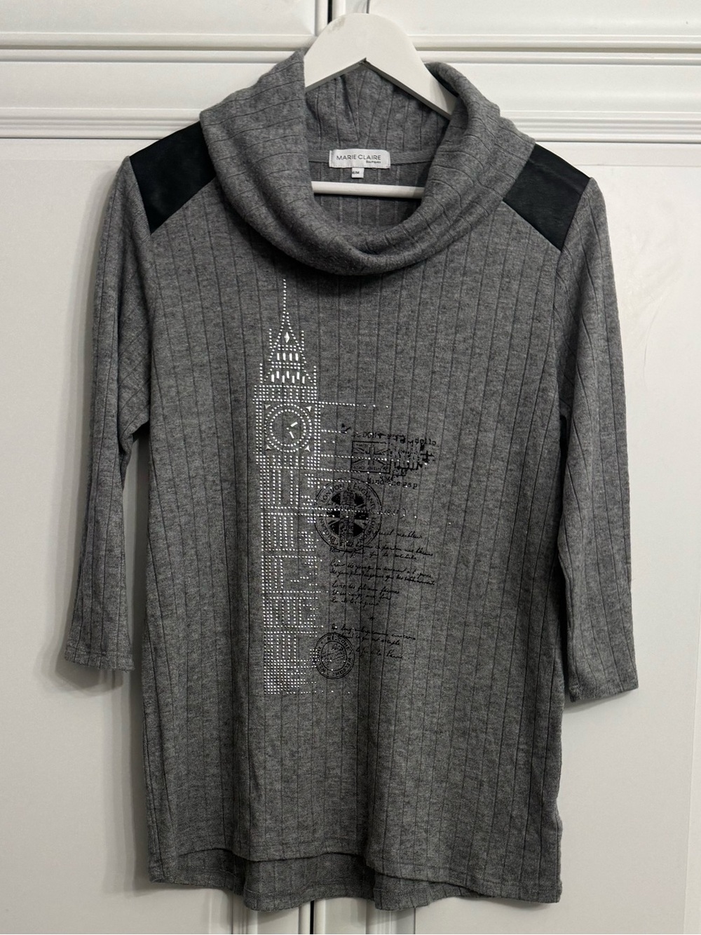 Marie Claire Grey Cowl Neck Tunic Sweater Big Ben Graphic Black Shoulder Panels